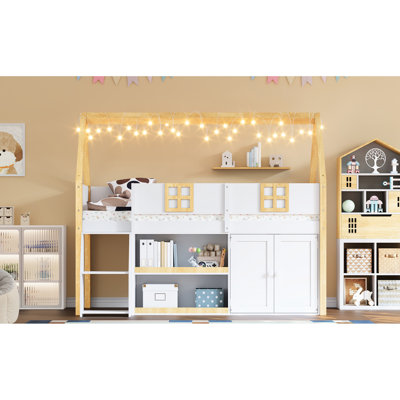 Lit mezzanine simple simple avec escalier à marche, tablettes et lumières à DEL, bois naturel blanc, pratique pour la chambre avec éclairage, tons, durabilité en bois massif