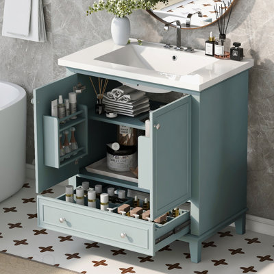 Ensemble de meuble-lavabo 30 po avec lavabo, armoire de salle de bain multifonctionnelle avec portes et tiroir, cadre solide et panneau de fibres à densité moyenne, vert