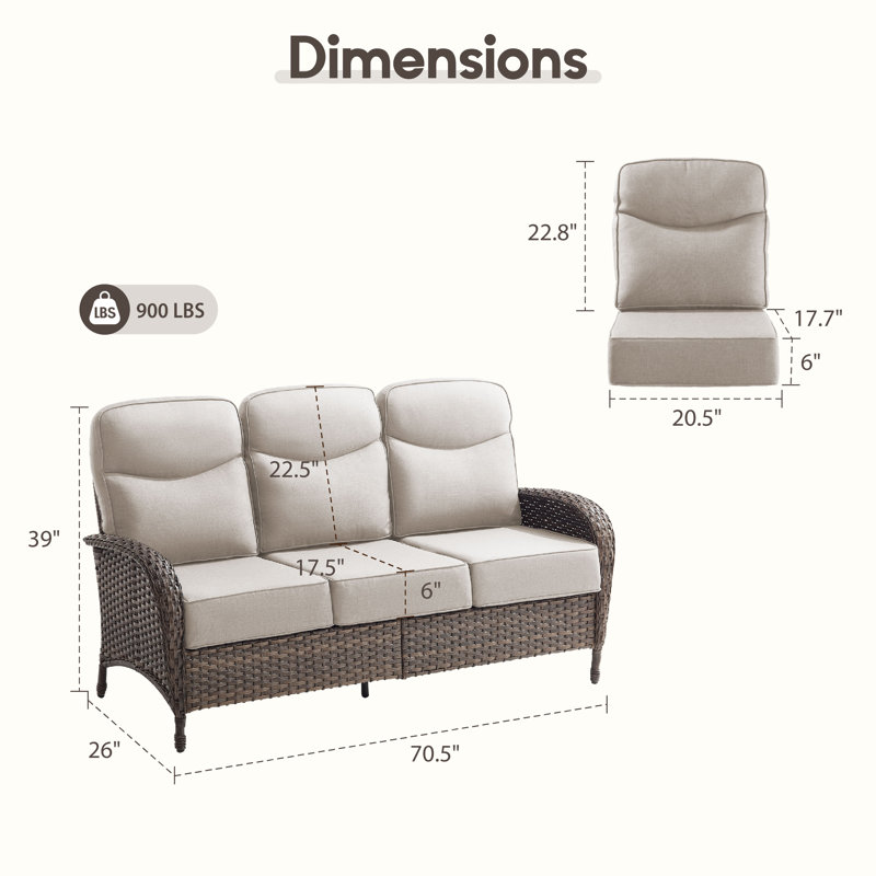  Canapé d'extérieur 70,5 po à 3 places, siège de luxe profond à coussins en oléfine résistants à l'eau de 6 po, Beige