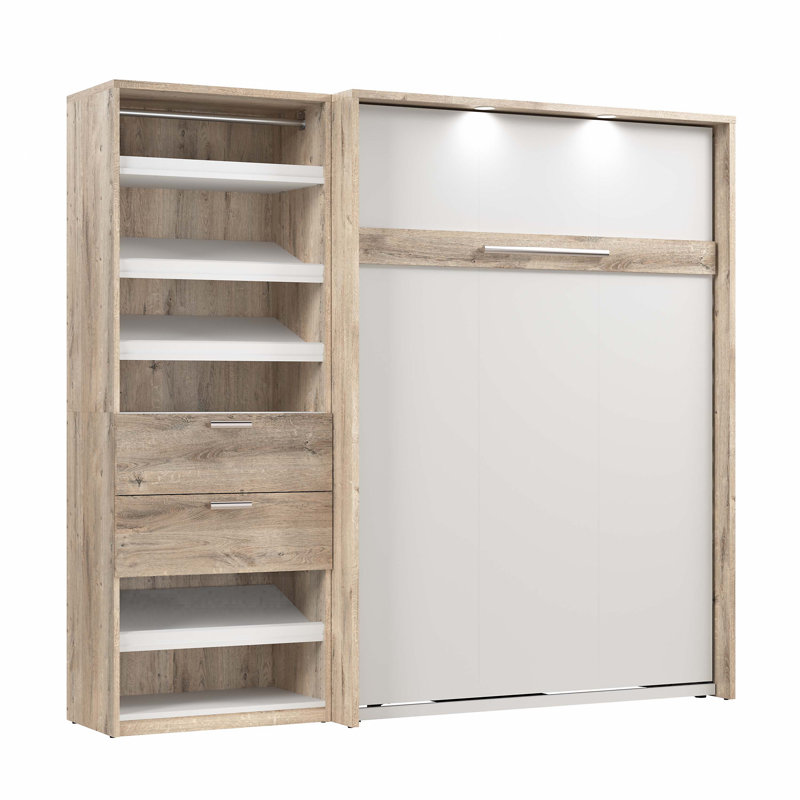 Lit escamotable avec rangement pour garde-robe Osterman, Grand, Brun rustique / Blanc