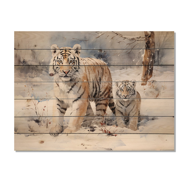 White Tigers Playing In The Snow III - Tiger Animal On Wood Print, 30" H x 40" W x 0.78" D