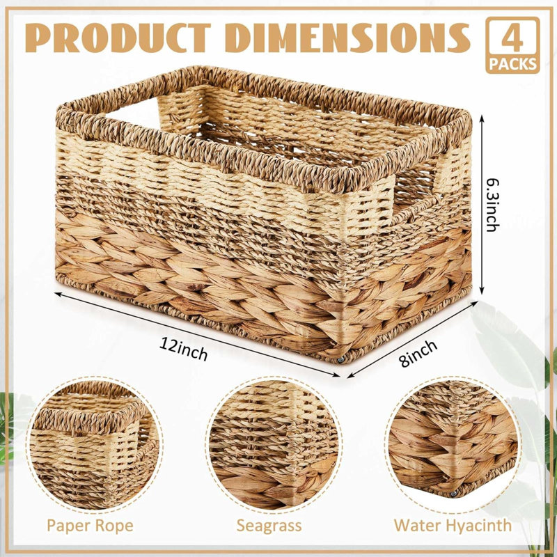 4 Pcs Wicker Storage Basket Water Hyacinth Seagrass Woven Baskets For Organizing Square Wicker Storage Cubes With Handles Natural Organizer Baskets Pack For Shelves Bedroom