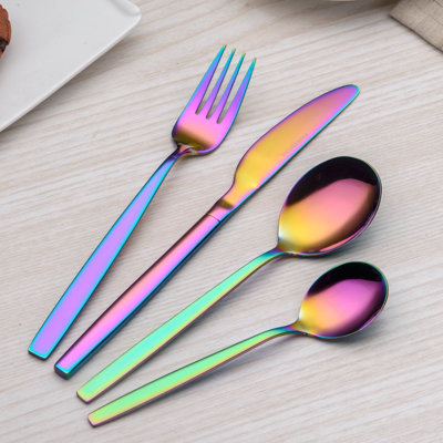 24 Piece Titanium Rainbow Color Plated Stainless Steel Cutlery Set, 24 Pieces Colorful Flatware Set, Mutil Color Silverware Set Cutlery Sets, Service For 6 (Shiny Rainbow)