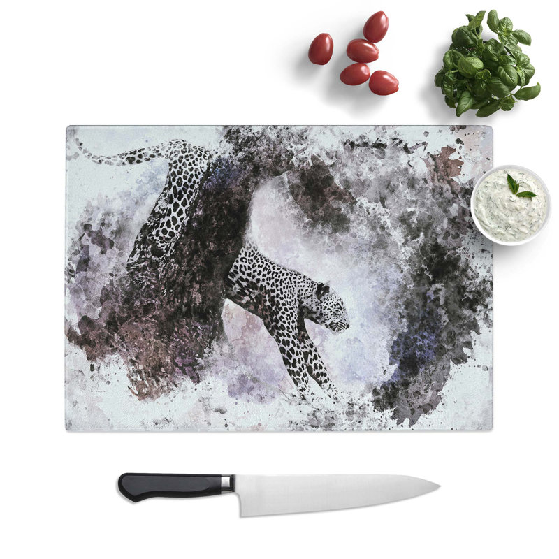 Glass Leopard Climbing From A Tree in Abstract Chopping Board, 39 cm W x 28.5 cm L