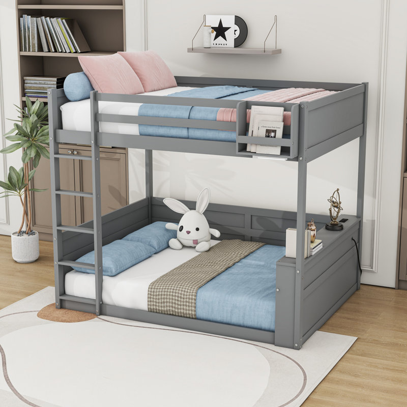 Queen Over Queen Bunk Bed With Built-In Shelves, LED Light And USB Charging Station, Gray