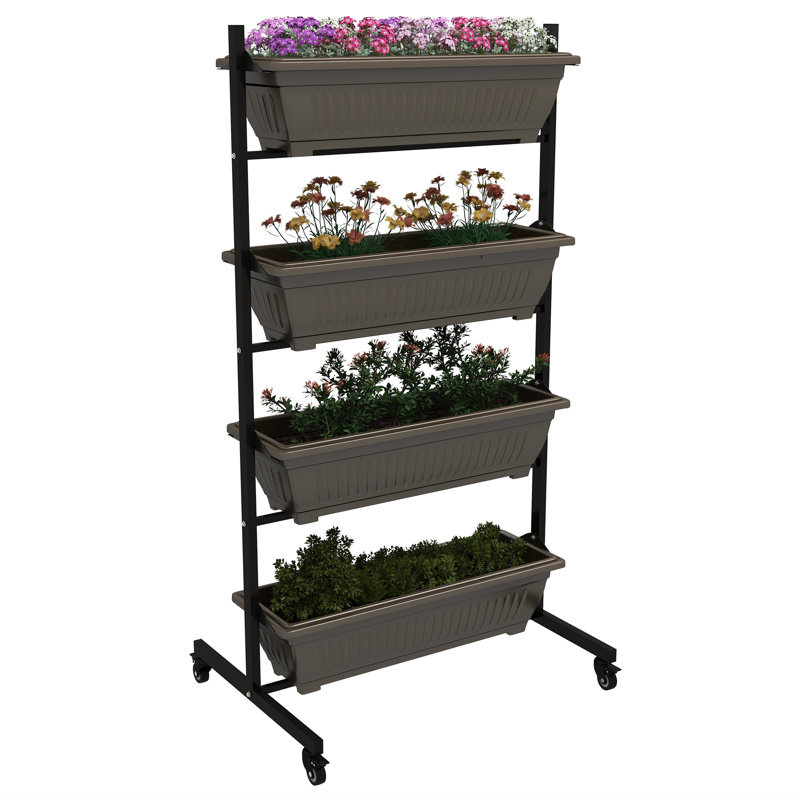 Shamarra Vertical Raised Garden Bed with Wheels, 4 Container Boxes, Brown