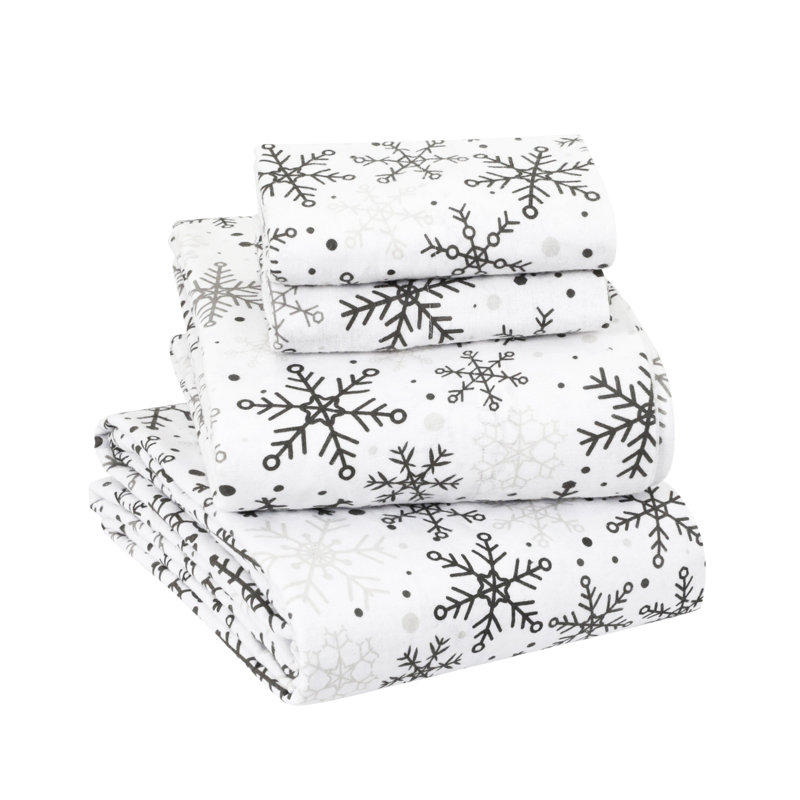 Colyt 100% Cotton Flannel Sheet Set, Queen Sheet Case Pack+Fitted Sheet + 2Pillowcase, Grey Snowflakes