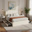 Lit plateforme neutre avec rangement en tissu de bois beige, grand lit rembourré pour le désordre dans la chambre à coucher, style simple et élégant