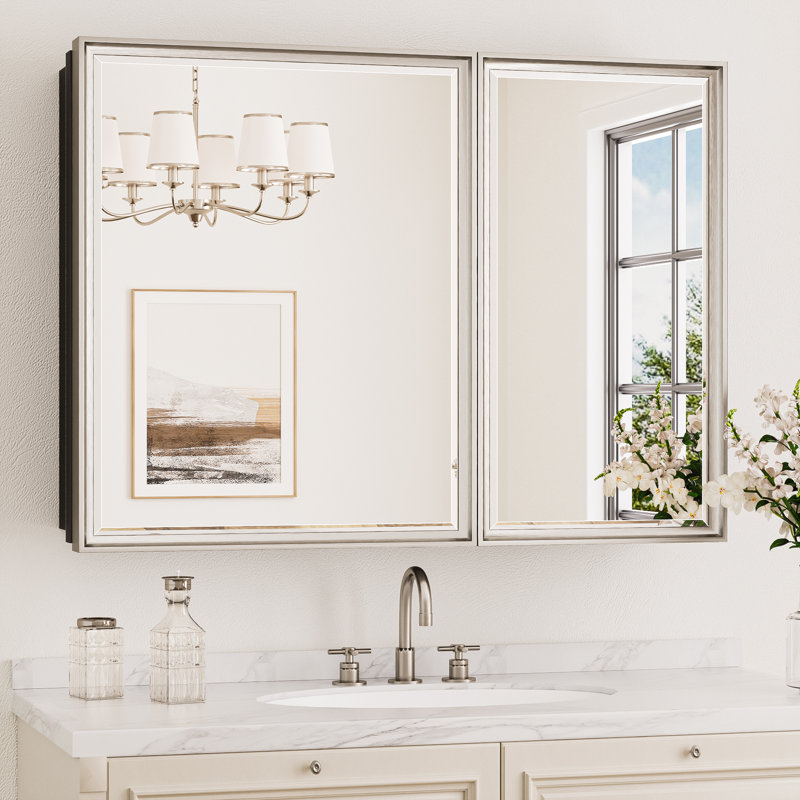 Lunara Recessed & Surface Framed 2 Door Medicine Cabinet with Mirror and Shelves, 30" H x 40" W x 5.2" D, Nickel