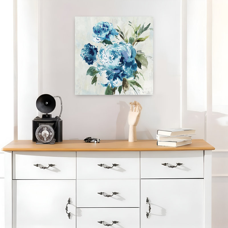 Art abstrait pivoine bleue II, H 18 po x l 18 po