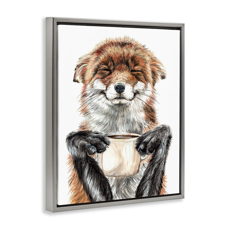 Happy Fox avec café, H 17 po x l 21 po, Cadre flottant gris lustré