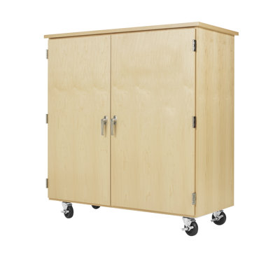 Armoire robotique pour salle de classe diversifiée, l 50 po x P 24 po x H 53 po, fabrication en bois franc clair, 2 portes verrouillables, 1 fixe et 5 réglables et 2 tablettes coulissantes, 10 bacs, roulettes, fabriquée aux États-Unis