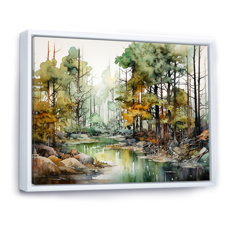 Paysage de forêt à l'encre alcoolisée sur toile, H 16 po x l 32 po x P 1 po, Cadre flottant blanc