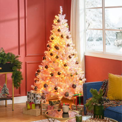 6' Tall Prelit Christmas Tree Douglas Fir Artificial Christmas Tree With Realistic Branches, 250 Warm White LED Lights And 1000 Tips, Pink