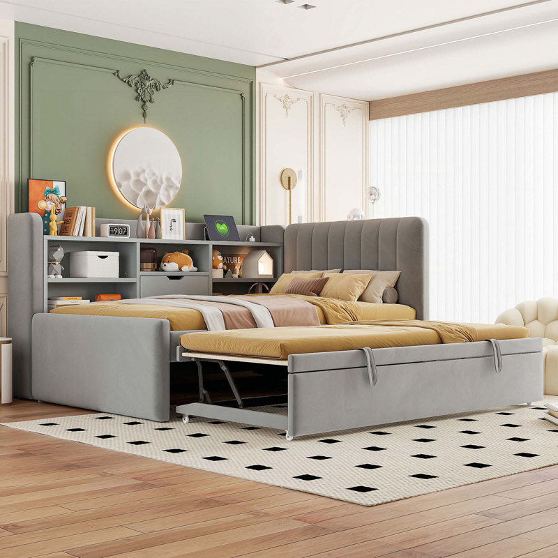 Lit de jour rembourré avec lit gigogne, tablettes de rangement, port USB et prise de courant pour une vie confortable et une optimisation de l'espace