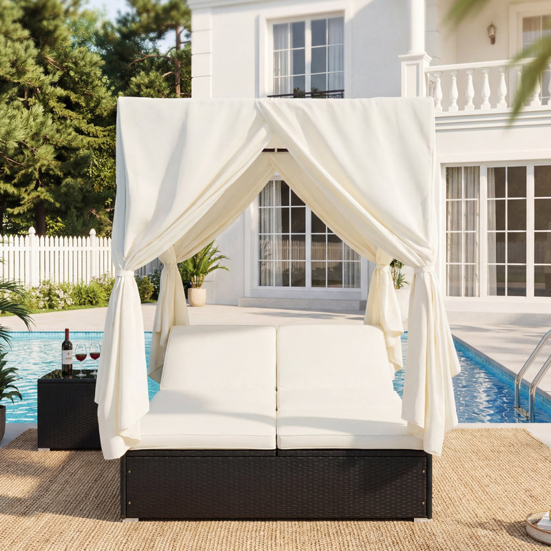 Adjustable Outdoor Sun Lounger with Canopy & Removable Cushion, Multi-Position Reclining Patio Lounge Chair for Garden Poolside