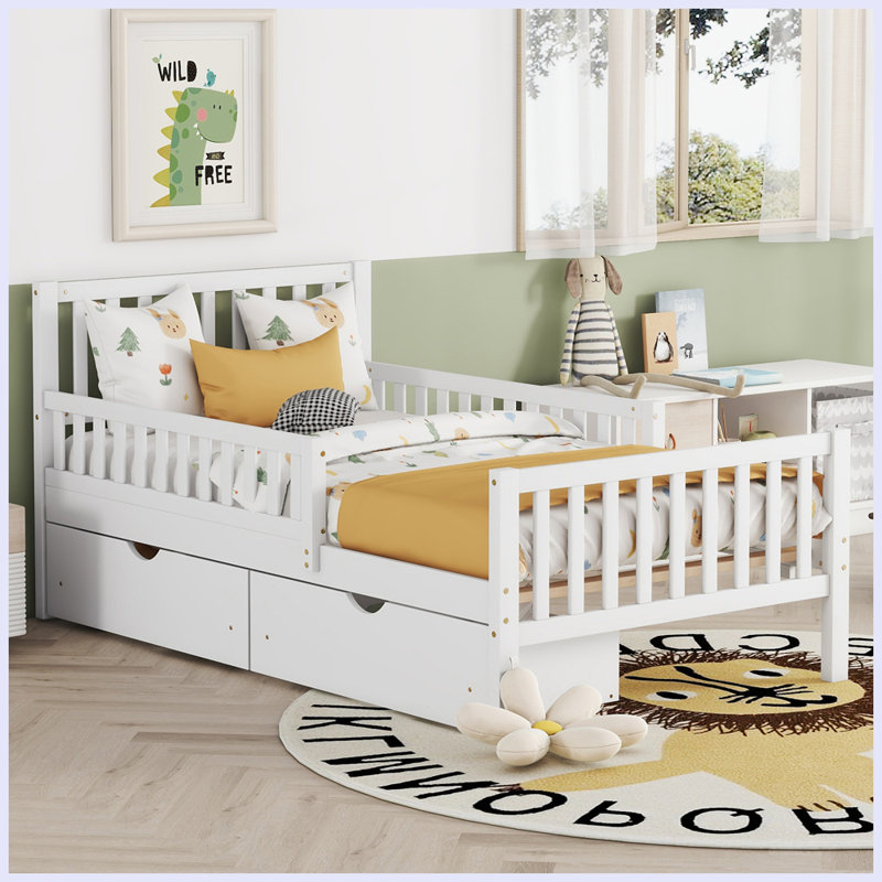 Lit plateforme simple en bois avec garde-corps des deux côtés et deux tiroirs de rangement, rose, Simple, Blanc