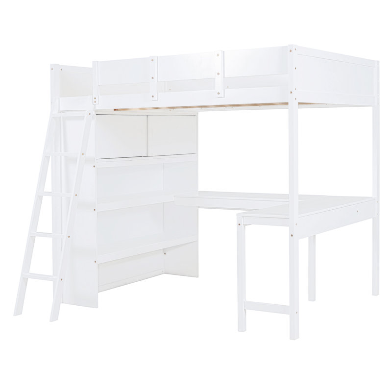 Lit mezzanine double avec bureau et bibliothèque, Blanc