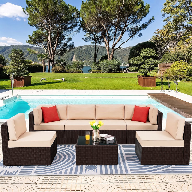 Modular 7 Piece Outdoor Rattan Seating Set For Patio Furniture, Khaki