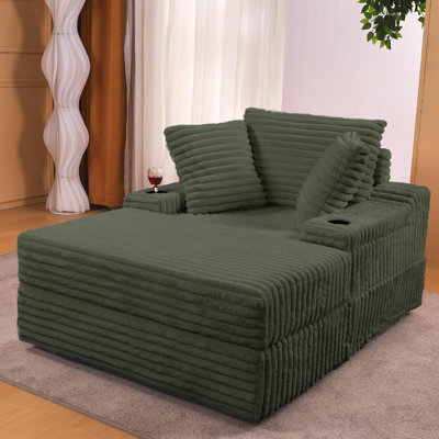 Corduroy Chaise Lounge Chair with Storage Ottoman, Convertible Sleeper, Green