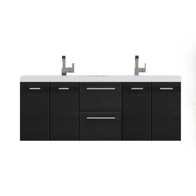 Avalia 60'' Wall Mounted Double Bathroom Vanity with Solid Surface Top, Black