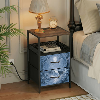 Table de chevet 2 tiroirs avec station de charge, table de chevet pour chambre à coucher avec ports USB, tablette ouverte noire, table de chevet avec motif de neige pleine de neige