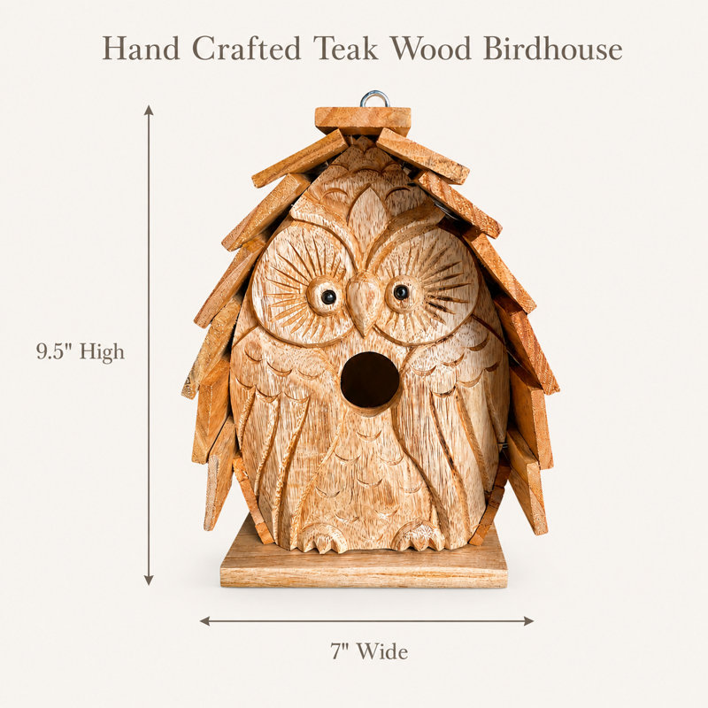 Cabane à oiseaux suspendue en bois de teck avec motif de hibou sculpté à la main - artisanale