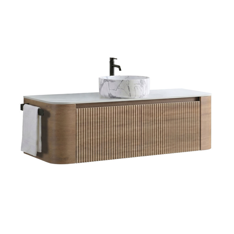 Meuble-lavabo flottant 48 po avec lavabo vasque et porte-serviettes 48 po, Honey Oak, Carrara White