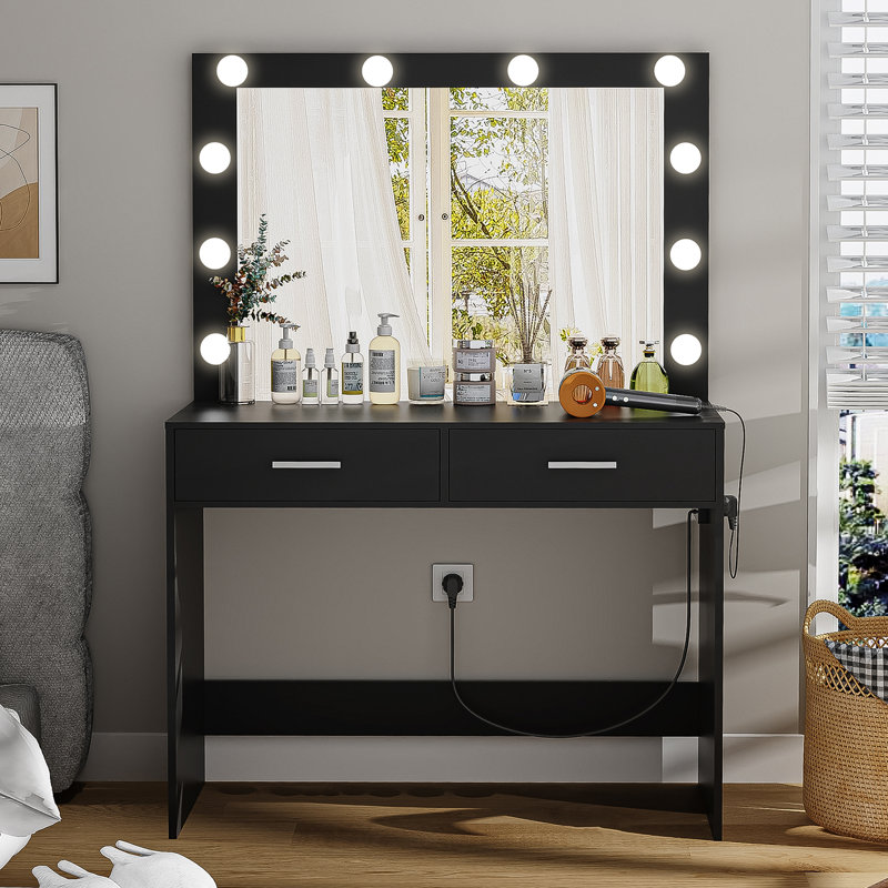 Coiffeuse Jaqavious avec 2 tiroirs et miroir lumineux, Noir