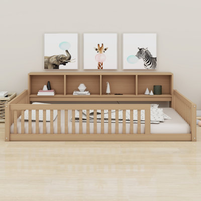 Lit en bois avec armoires de rangement et ports USB