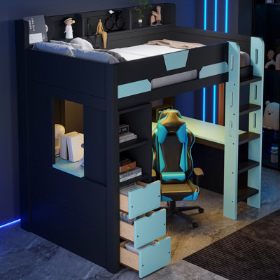 Lit mezzanine simple en bois avec bureau en forme de U, lumières à DEL RVB, ports USB, 3 tiroirs et tablettes de rangement pour adolescents et adultes, bleu