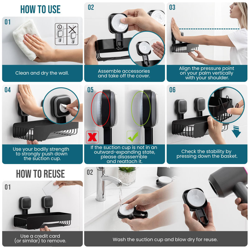 Étagères de douche en métal antirouille avec ventouses, noires, ensemble de 2, Black