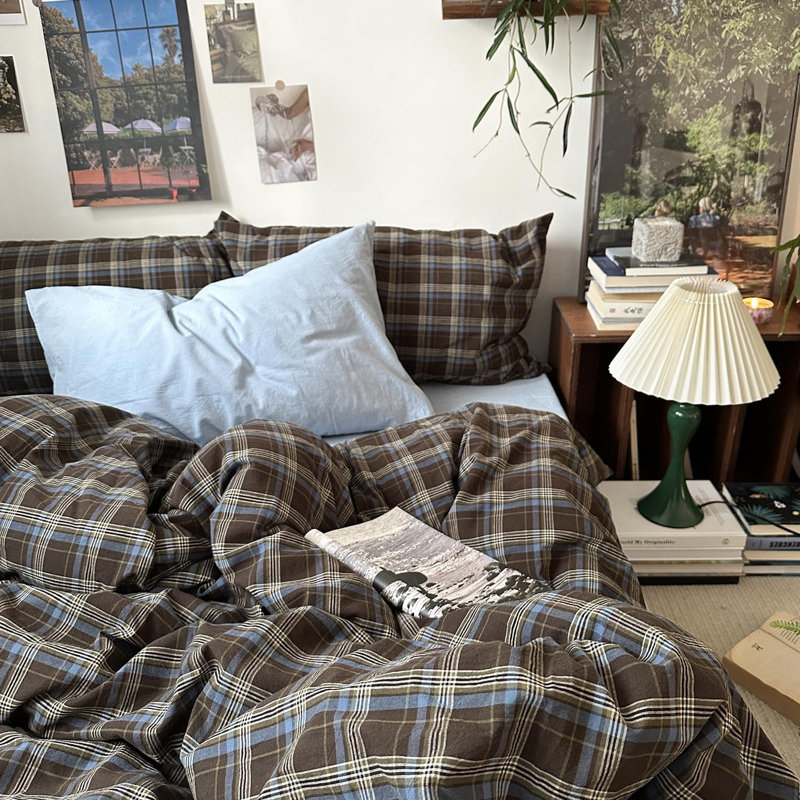 Vintage Brown & Blue Buffalo Plaid Duvet Cover Set Soft & Breathable Microfiber Duvet Cover With Pillowcases