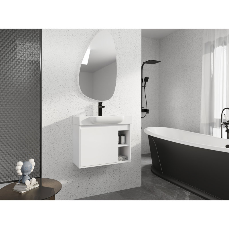 Meuble-lavabo mural 28 po avec lavabo en céramique blanche et garniture de porte à fermeture en douceur, blanc brillant