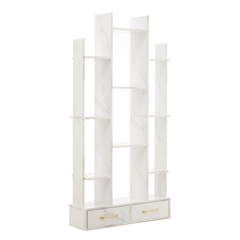 67" H x 33.5" W 3-Tier Bookcase with Open Shelves & 2 Drawers, White