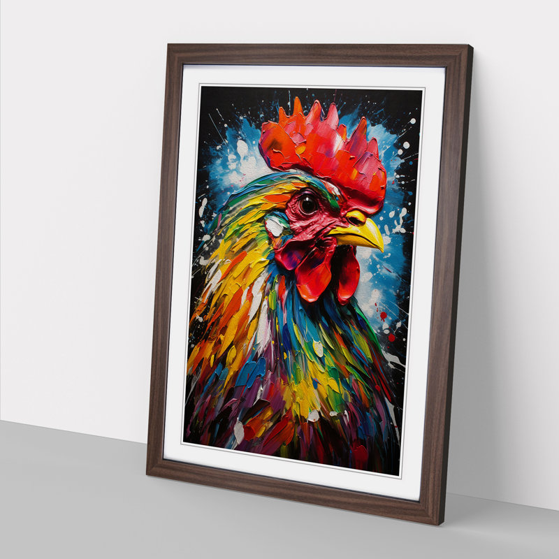 Rooster Action Painting No.2 - Single Picture Frame Print on Wood, 64cm H x 46cm W x 2cm D, Walnut