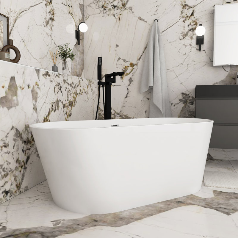 59'' X 30'' Acrylic Freestanding Soaking Bathtub In Glossy White, Glossy White