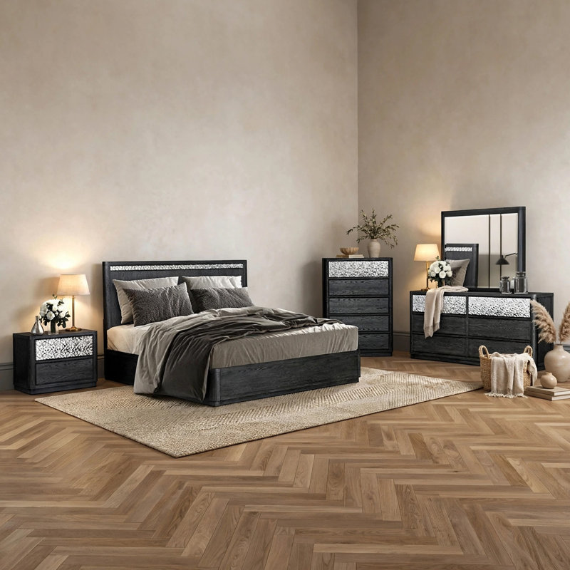 Ensemble de chambre avec grand lit 5 pièces Zoko, table de chevet USB, miroir de commode, gris cendré