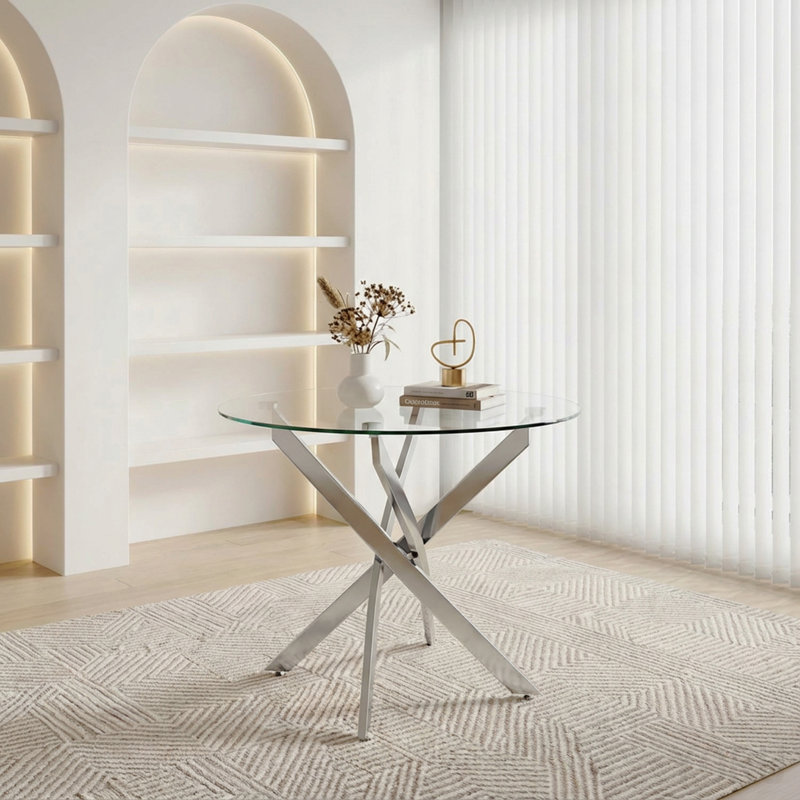 Table de salle à manger ronde, table de salle à manger en verre 35,5 po avec pieds argentés, table de cuisine moderne pour la maison, salle à manger