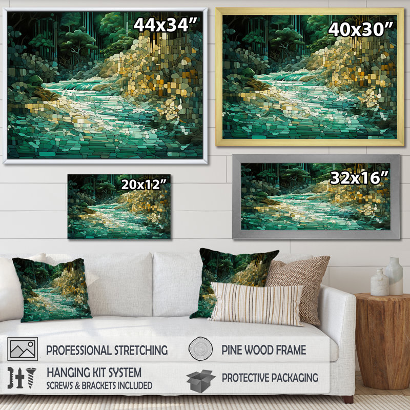 Abstrait forêt émeraude sauvage, rivière I, H 30 po x l 40 po x P 1,5 po, Cadre flottant noir