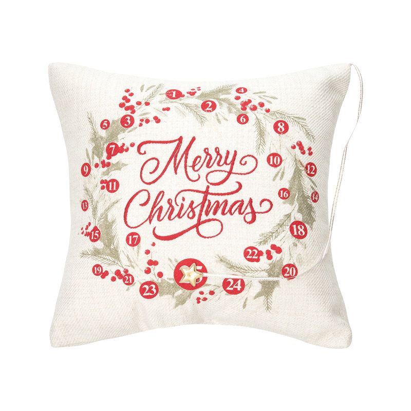 Red Cotton Canvas Christmas Wreath Throw Pillow 13.5"
