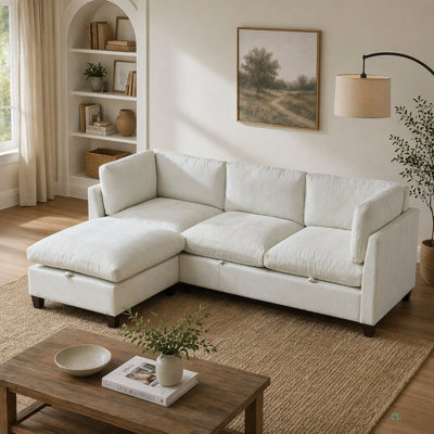 96.5"  Sectional Couch For Living Room, Upholstered Soft Chenille Fabric Sofa, 3-Seater With One Ottoman L Shape Sofa