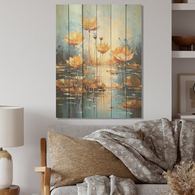 Golden Pond Lotus Tranquility - Art mural en bois de lotus sur bois de pin naturel