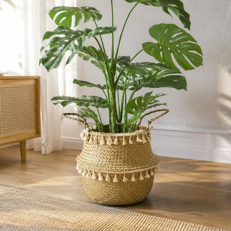 Étagère à papier en bois, panier tressé en jonc de mer avec pompon, cache-pot avec poignées, style bohème, panier décoratif en osier pour plantes d'intérieur, décoration intérieure, 5 tailles