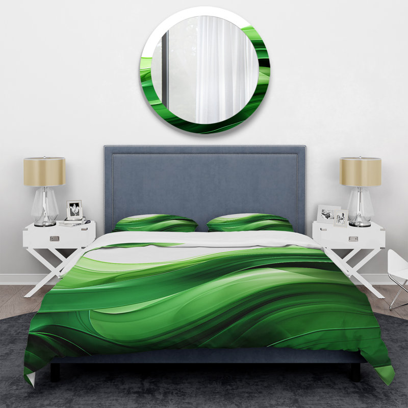 Green and White Fractal Waves I - Ensemble de housse de couette Abstract Fractal