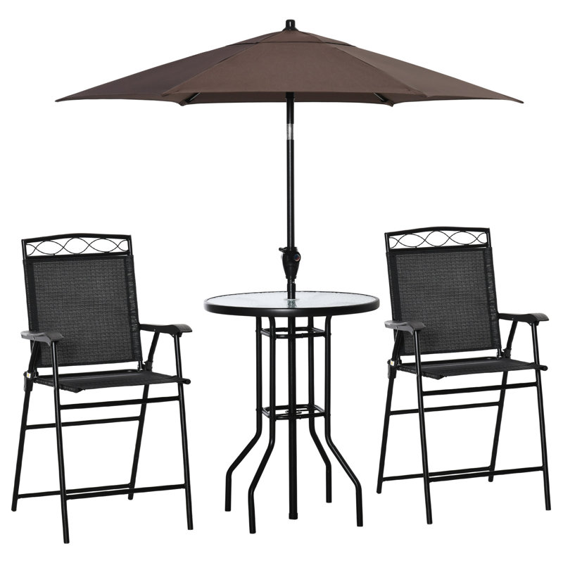 Ensemble de mobilier de patio extérieur 4 pièces Outsunny, 2 chaises pliantes, parasol à angle réglable, table de salle à manger en verre trempé texturé Wave, noir