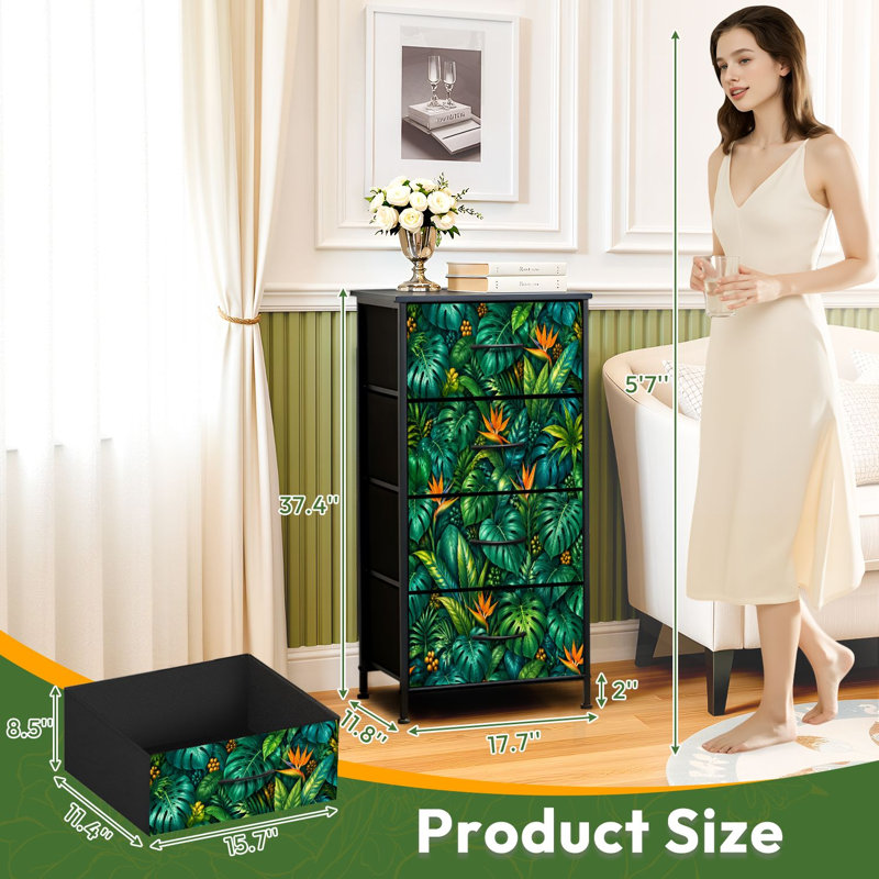 Commode à 4 tiroirs pour chambre à coucher avec feuilles tropicales vertes Monstera