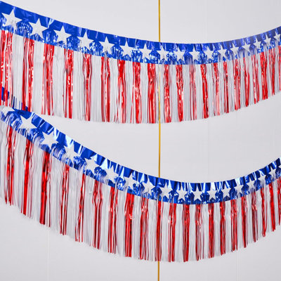 4th Of July Decorations 2 Pack 40 Feet Foil Fringe Garland Tinsel Streamers, Red White And Blue Star Metallic Hanging Backdrop Banner Table Skirts For Parade Floats Memorial Day Patriotic Party