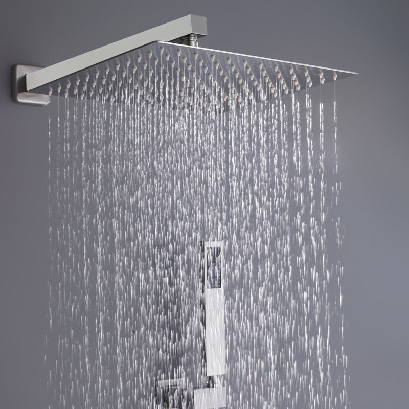 Robinet de douche mural 10 po, douche à main carrée, nickel brossé, valve d'équilibre, 2 têtes, pluie en laiton massif avec finition nickel, laiton, design