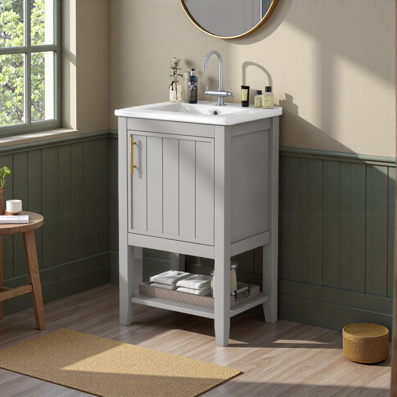 Meuble-lavabo de salle de bain avec lavabo, armoire de salle de bain avec porte à fermeture douce, support de rangement et tablette ouverte